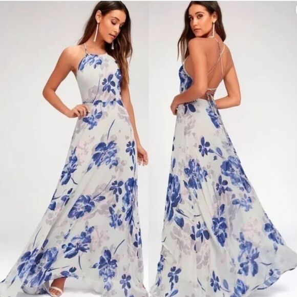 Lulus All I Need Floral Print Lace-Up Maxi‎ Dress in Grey Small - Picture 1 of 11